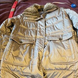 Lands' End Silver Puffer Jacket with Faux Fur Collar